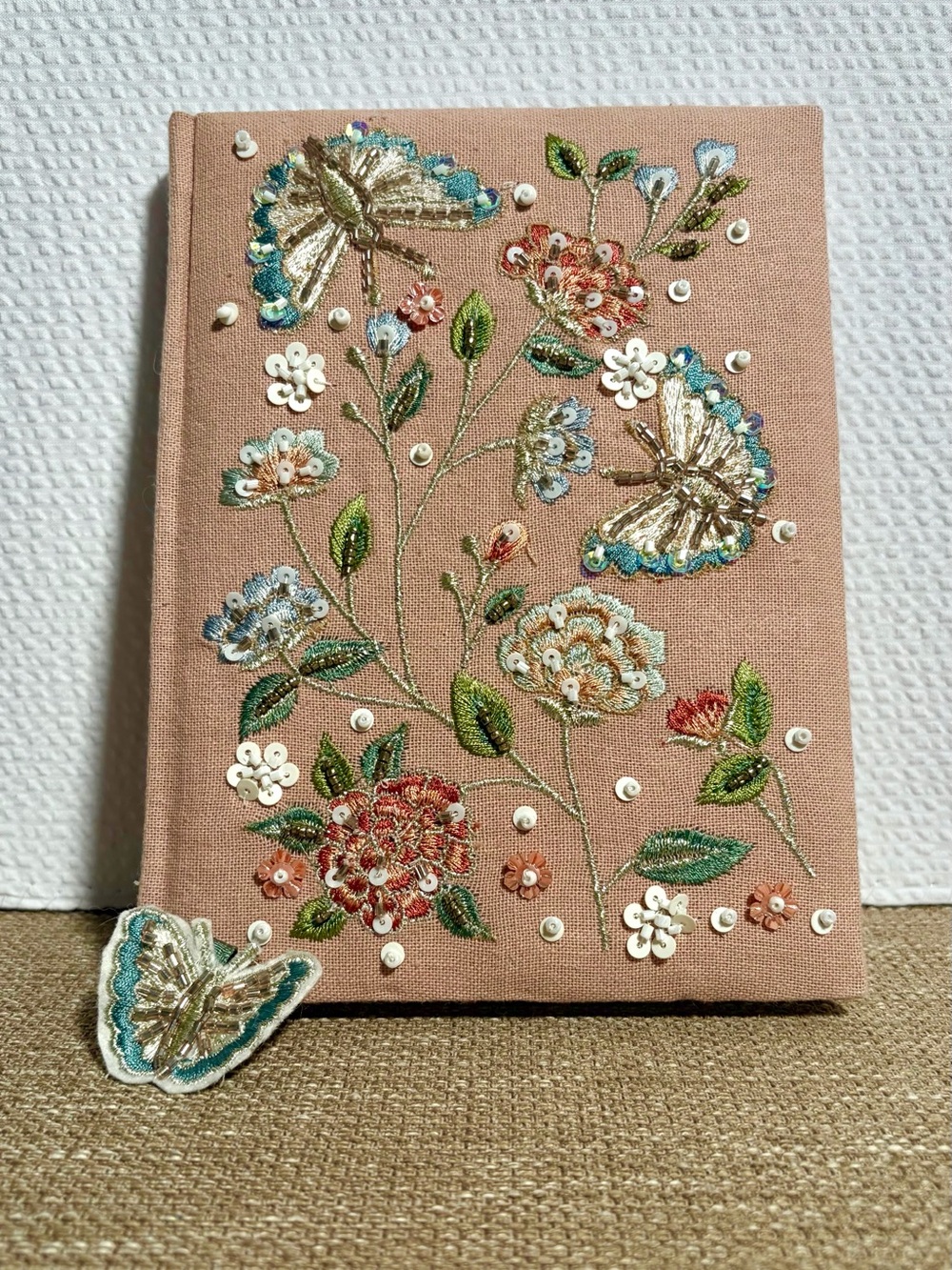 Beaded & Embroidered Floral Hardcover Journal - Khaki - Picture 2 of 6